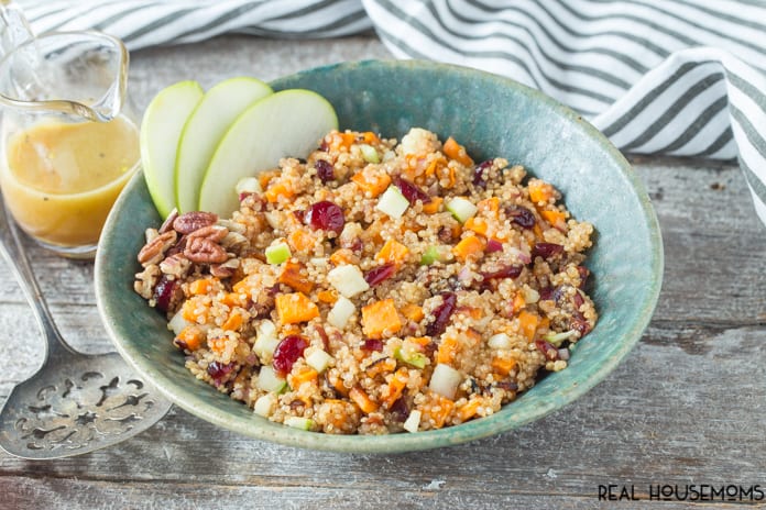 This tasty SWEET POTATO AND APPLE QUINOA SALAD is full of flavor and makes the perfect vegetarian side dish for dinner or holidays!