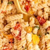 image of feta pasta recipe in a baking dish with a serving spoon with the title of the post in green and black lettering