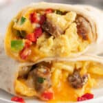 square image of two freezer breakfast burrito halves stacked on top of each other