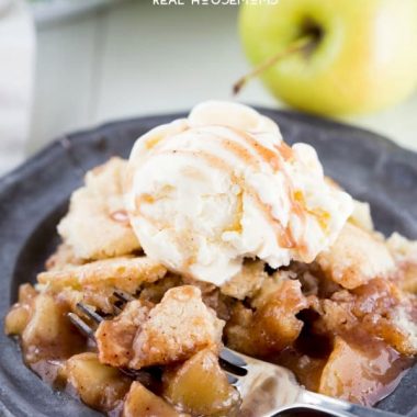 This French Apple Cobbler is delicious and comes together so fast! The baked apples are great with the vanilla baked topping and work perfectly with vanilla ice cream on top!