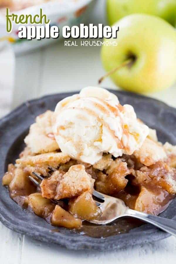 This French Apple Cobbler is delicious and comes together so fast! The baked apples are great with the vanilla baked topping and work perfectly with vanilla ice cream on top!