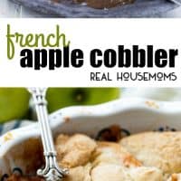 This French Apple Cobbler is delicious and comes together so fast! The baked apples are great with the vanilla baked topping and work perfectly with vanilla ice cream on top!