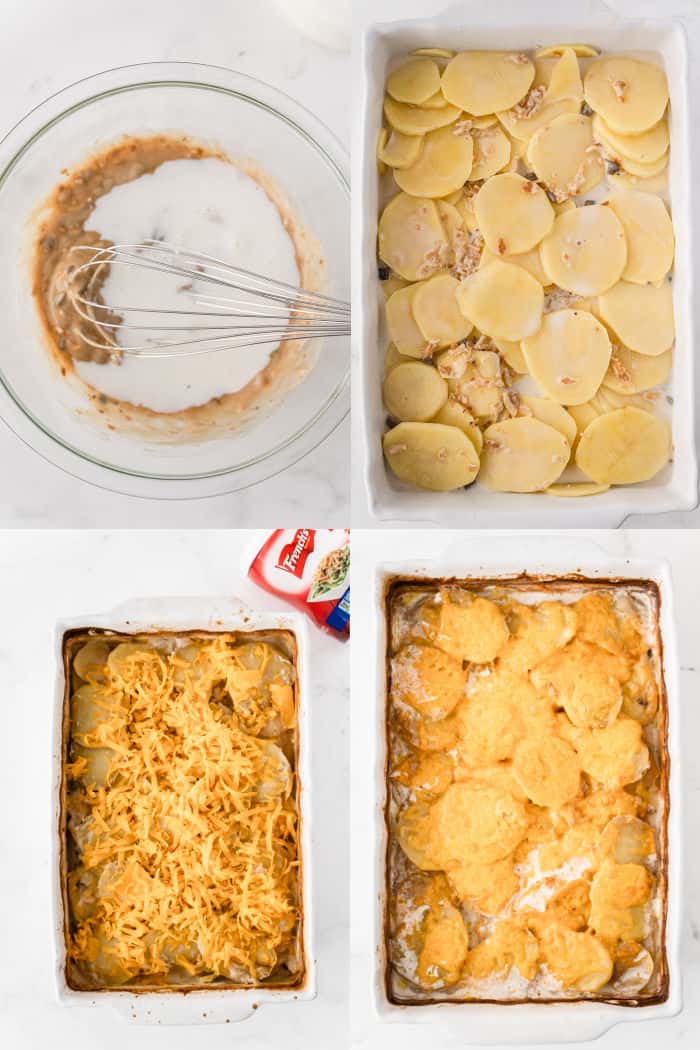 mixing bowl with mushroom cream sauce ingredients, potatoes laid out in a white baking dish, cooked potatoes with shredded cheese all over the top and a can of French's crispy onions next to the pan, pan of scalloped potatoes with melted cheese on top