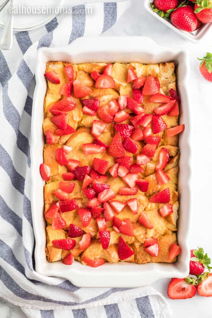 french toast bake with fruit in a baking dish