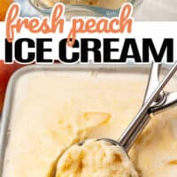 top image of peach ice cream in a glass dessert bowl, bottom image is a scoop of peach ice cream. the title of the post is in the middle of the two images with orange and black lettering