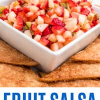 fruit salsa in a bowl on a plate with cinnamon sugar chips with recipe name at the bottom