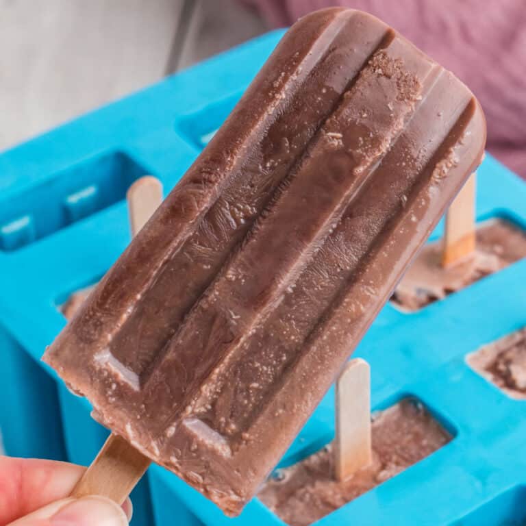 square image of a hand holding a fudgesicle with popsicle mold in the background