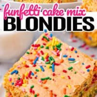 top picture is a stack of funfetti cake mix blondies , bottom picture is a close up of one funfetti cake mix blondies