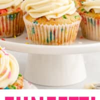 funfetti cupcakes on a cake stand with recipe name at the bottom