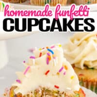 top picture of funfetti cupcakes on a cake stand, bottom picture is a single Funfetti cupcake with a side bitten out with the title of the post in the middle with pink and black lettering