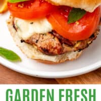 caprese turkey burger on a plate with fires with recipe name at the bottom