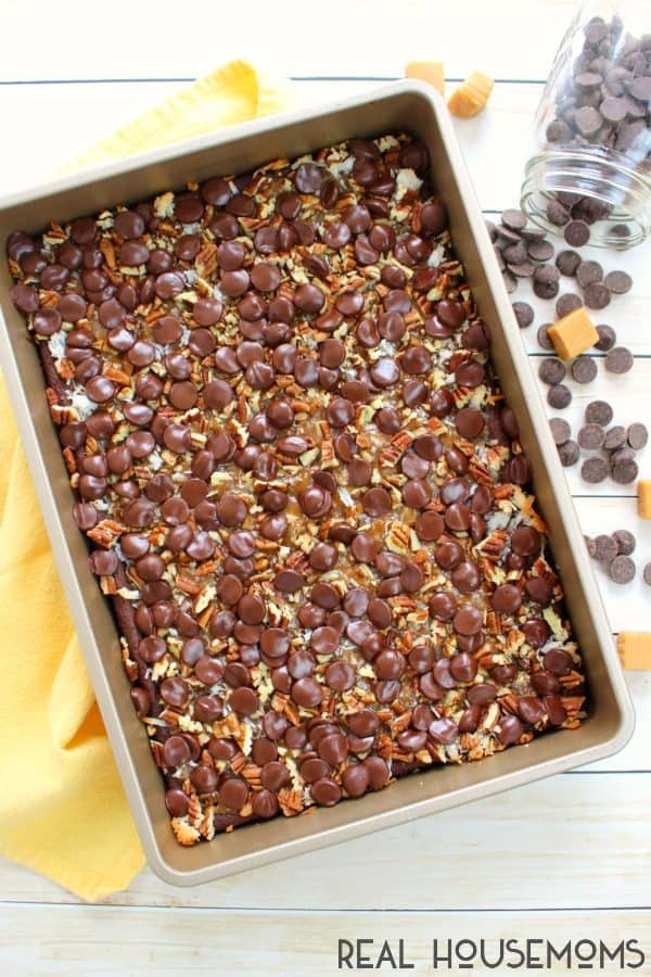 German Chocolate Cookie Bars in their baking pan ready to be cut