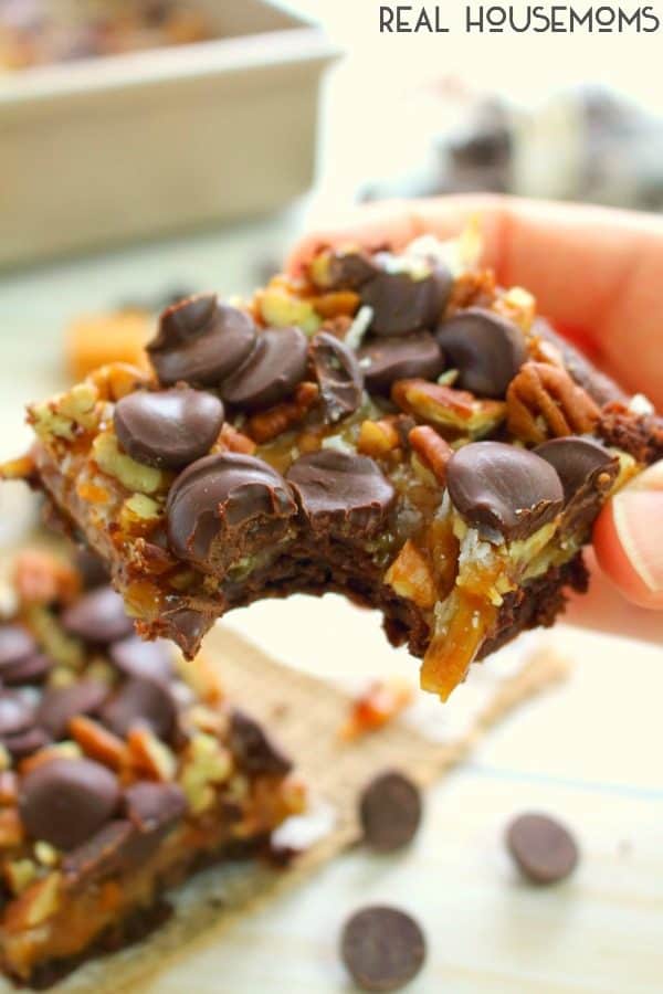 German Chocolate Cookie Bar with a bite taken out of it