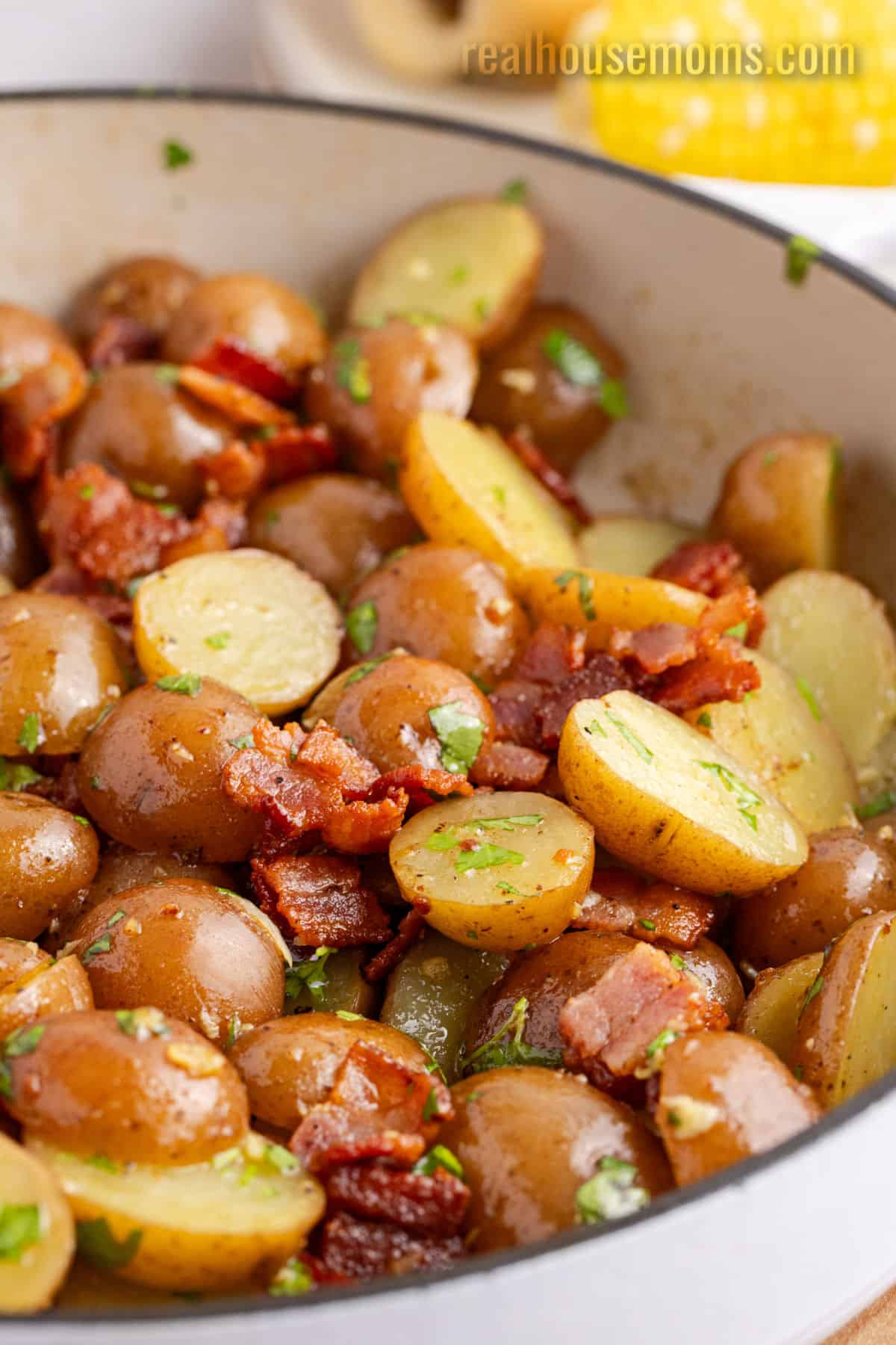close up of german potato salad in a skillet
