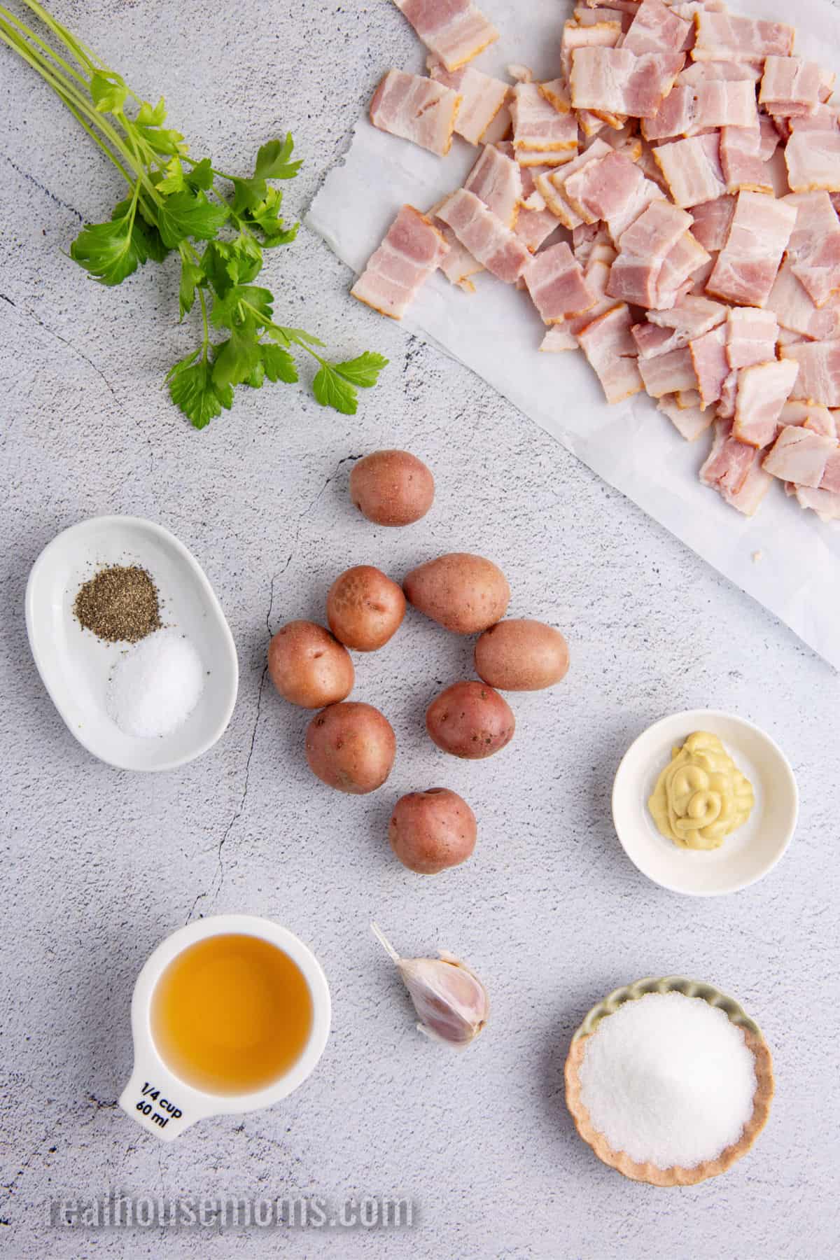 ingredients to make german potato salad aid out on a counter