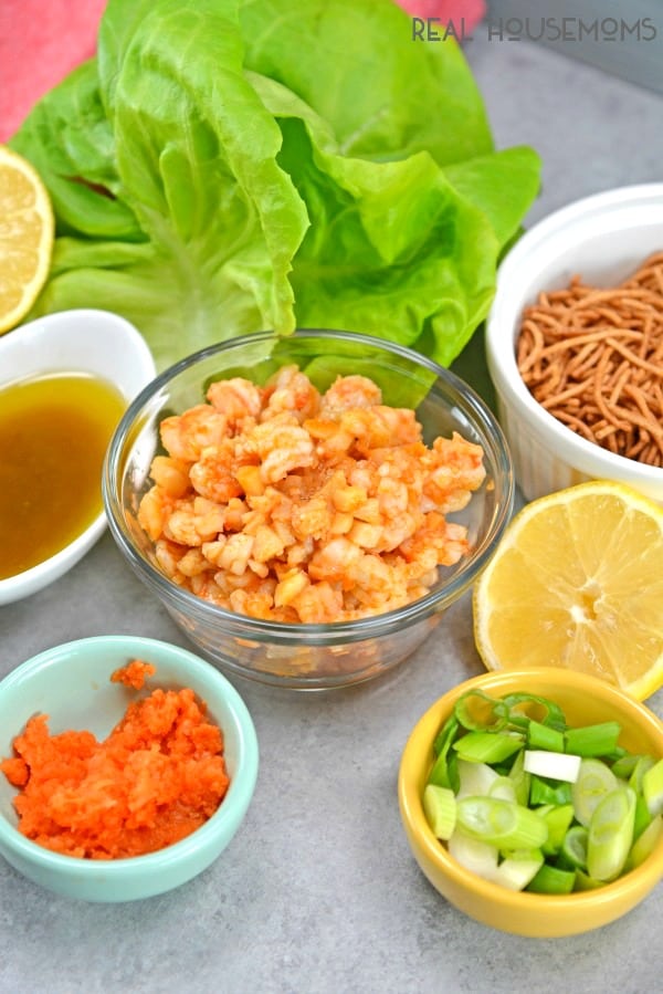 Ginger Shrimp Lettuce Wraps ingredients prepped and in bowls