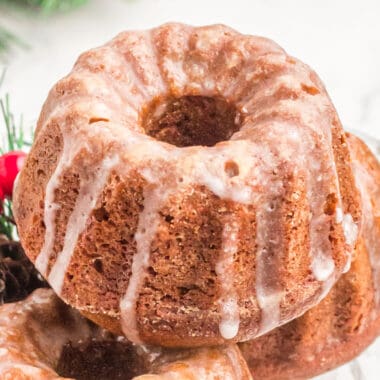 square image of gingerbread bundt topped with cinnamon glaze