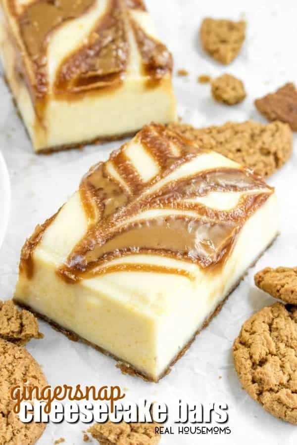 These Gingersnap Cheesecake Bars are an easy Christmas dessert made with a gingersnap crust and swirls of creamy cookie butter!