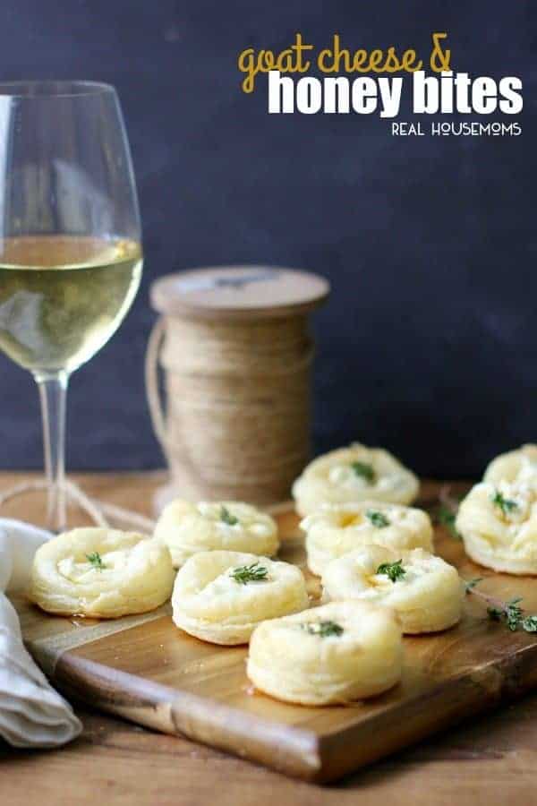 Savory Goat Cheese and Honey Bites are the perfect addition to your next gathering. Flaky pastry topped with creamy goat cheese, sweet honey and thyme make an easy and delicious appetizer!