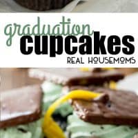 Chocolate cupcakes, whipped mint chocolate chip cream cheese frosting, and a graduation cap and tassel! These Graduation Cupcakes or should we say “cap”-cakes are perfect for impending Graduation parties!