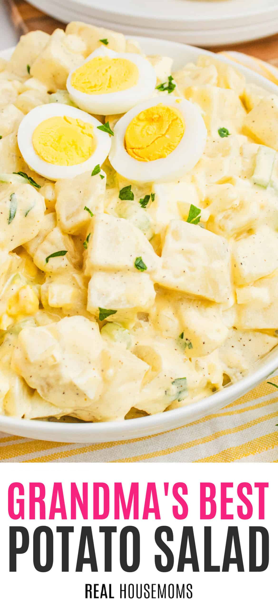grandma's best potato salad recipe in a serving bowl with recipe name at the bottom