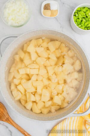 peeled and chopped potatoes in a large pot of water