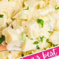 close up of grandma's best potato salad recipe topped with copped parsley after chilling in the fridge with the title of the post on the bottom right