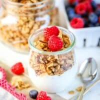 This Granola Recipe is the perfect way to start your day. Loaded with oats, nuts, maple syrup & brown sugar, you'll love every sweet and crunchy bite!