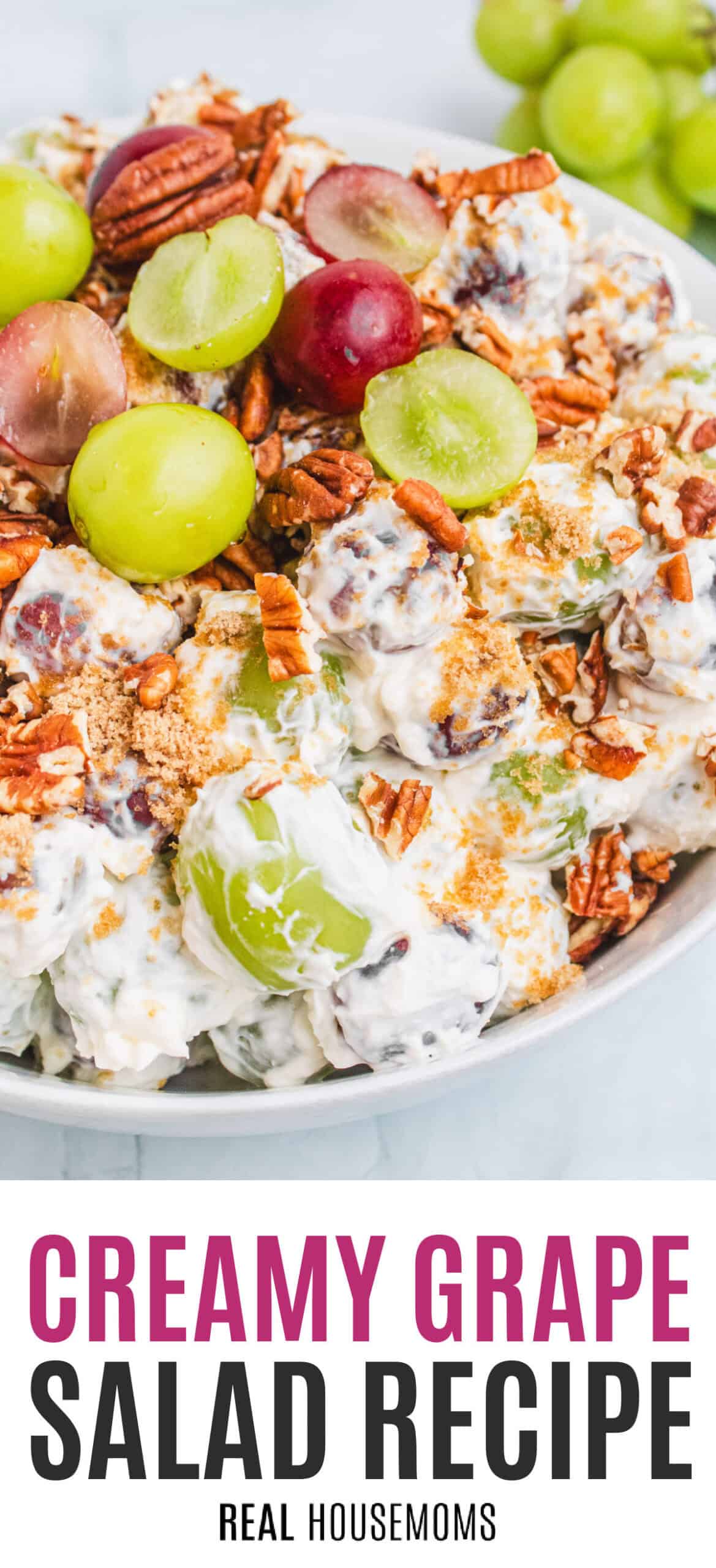 side view of grape salad in a serving bowl with recipe name at the bottom