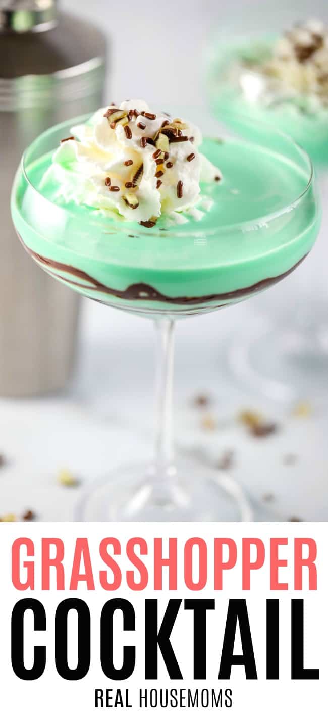 grasshopper in a coupe glass with whipped cream and chopped candy