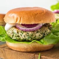 square image of a greek turkey burger with tzatziki sauce, sliced red onion, and lettuce