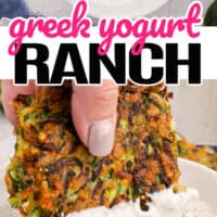 top is a bowl of greek yogurt ranch, bottom is a hand dipping the zucchini fritters into the greek yogurt dressing