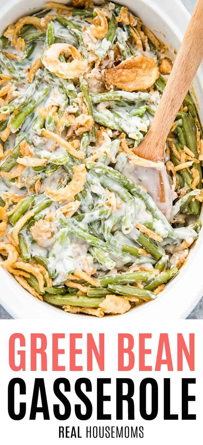 green bean casserole in a serving dish with a wooden spoon
