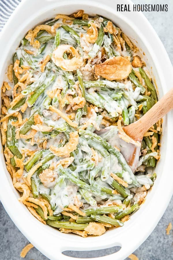 green bean casserole in a baking dish after cooking