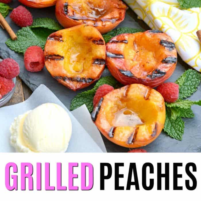 square image of grilled peaches with text