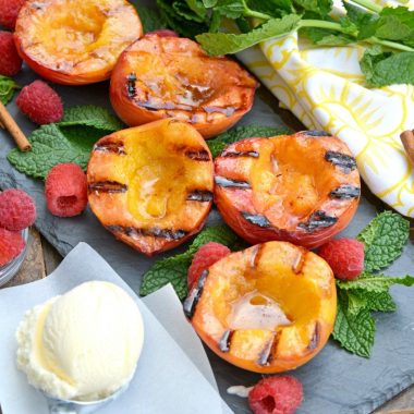 Summer desserts don't get better than Grilled Peaches basted with cinnamon, brown sugar & butter. Serve them with vanilla ice cream and raspberries for the ultimate dessert recipe!
