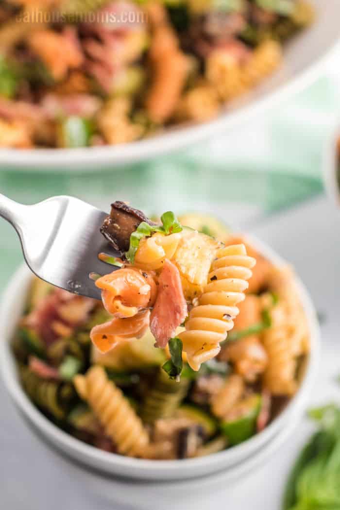 forkful of grilled vegetable pasta salad