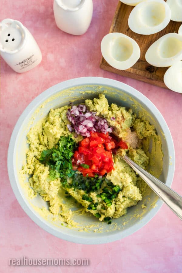 chopped tomato, red onion, cilantro, jalapeno, and garlic powder added to mashed avocado and egg yolks