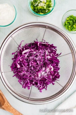 shredded purple cabbage in a colander with salt sprinkled over top