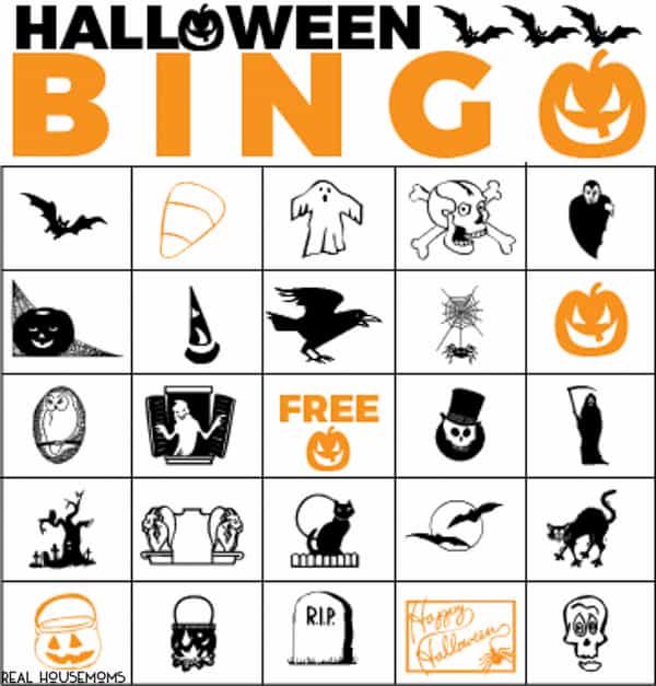 Example Halloween Bingo card from free printable set on Real Housemoms
