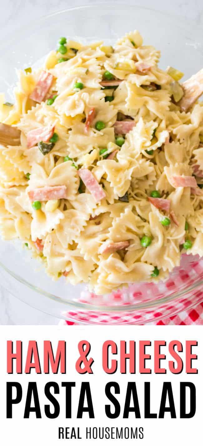 serving bowl of creamy ham and cheese pasta salad