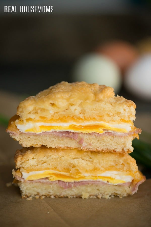 ham egg and cheese slider cut in half and stacked to show cross section