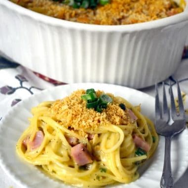 Turn your leftover holiday ham into this EASY HAM TETRAZZINI! It's a delicious weeknight meal you'll want to make again and again!
