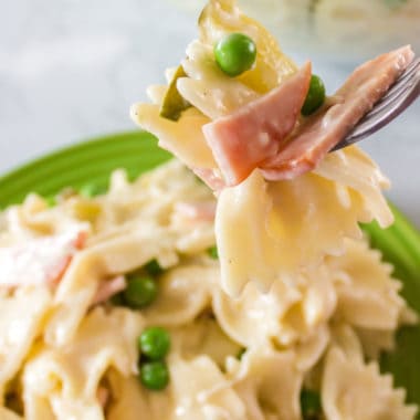 Creamy Ham & Cheese Pasta Salad is the perfect side for summer cookouts! Dill pickle juice is the secret ingredient and everyone will be wanting the recipe!