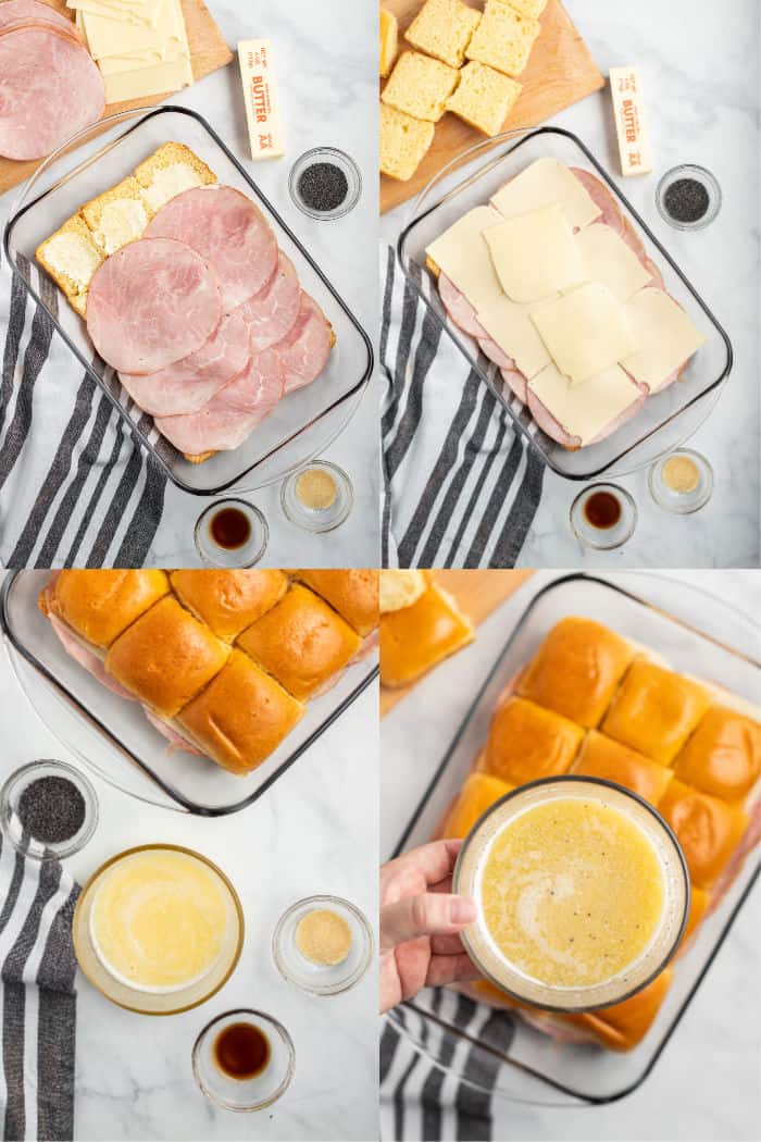 bottom half of slider buns in baking dish with deli sliced ham layered over the top, slices of cheese layered over slices of ham in a baking dish, melted butter with a measuring spoon and spices in small bowls around it, hand holding a bowl of butter sauce over a baking dish with sliders