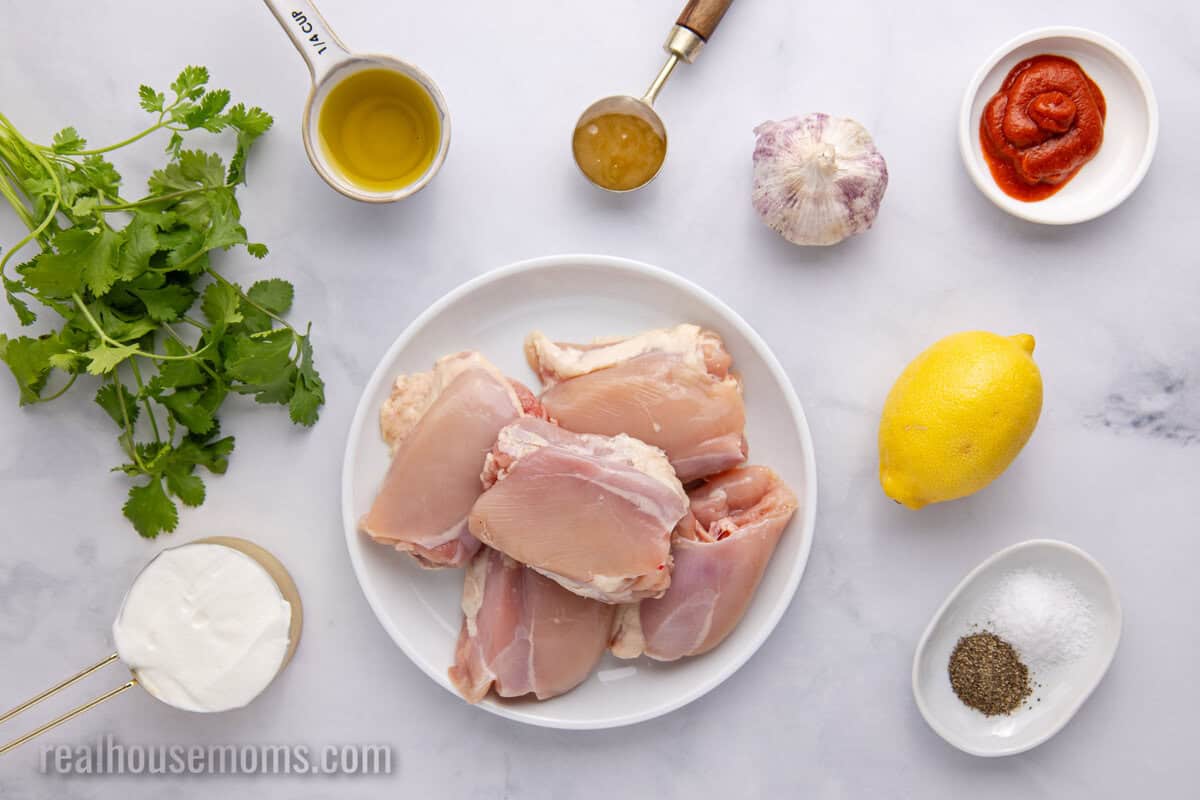 looking down at ingredients to make harissa chicken on a counter