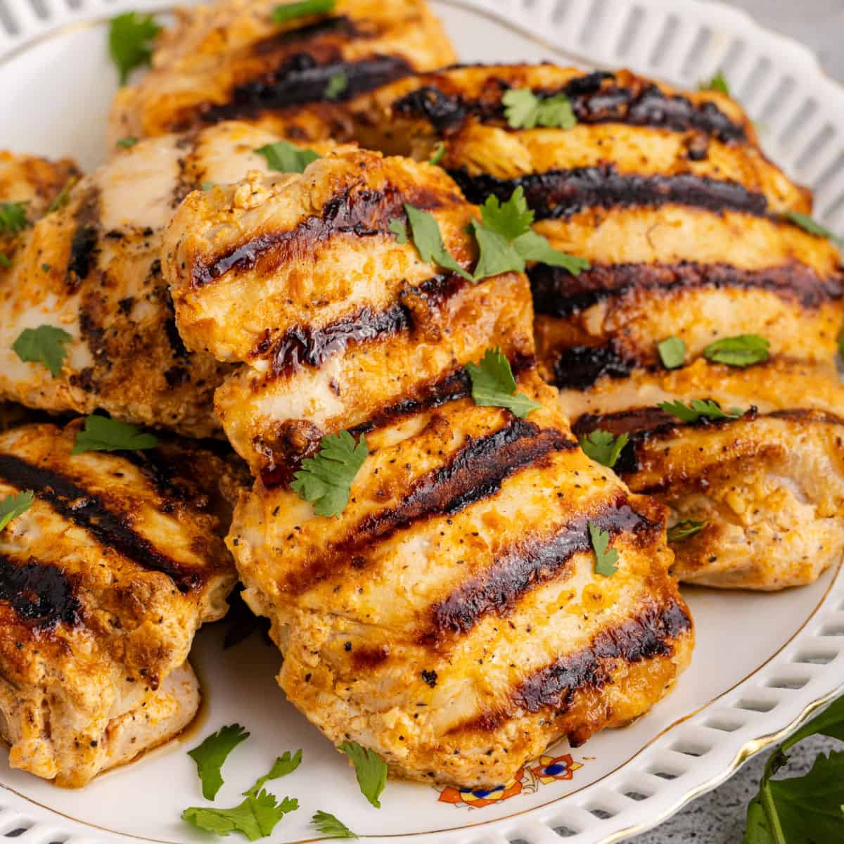 square image of grilled harissa chicken piled on a plate