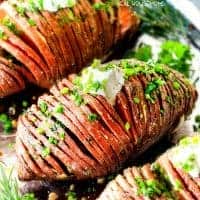 These Hasselback Sweet Potatoes are tender, melt-in-your-mouth and bursting with garlic herb, butter flavor!  They look wonderfully gourmet for Thanksgiving and special occasions but are everyday easy!
