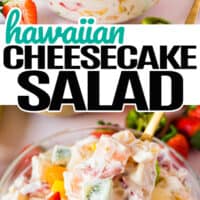 top picture is a close up of Hawaiian cheesecake salad in a glass bowl , bottom is over the top shot of Hawaiian cheesecake salad in a glass bowl