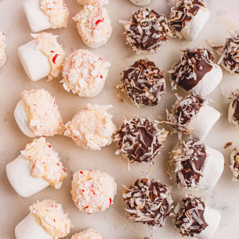 square image of holiday marshmallow bites on a platter